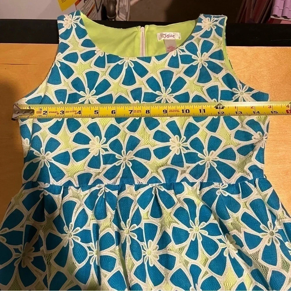 Justice Girls Dress Size 12 Lace Blue Lined Neon Green Floral Summer Party